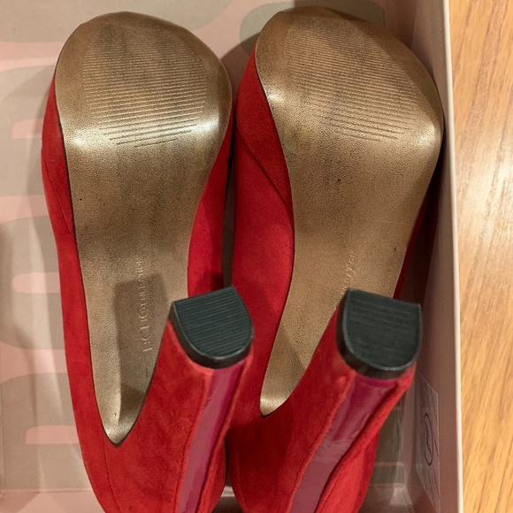 BCBG Red Suede Peep Toe Platform Heels - Picture 6 of 7